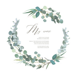 Greenery selection vector design round invitation frame. Rustic wedding greenery