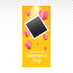 Women's day banner design. Realistic pink hearts. Photo frame for your photography or text. Holiday banner, poster, flyer, brochure, greeting card. Yellow background, empty studio, podium, display