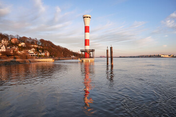 Blankenese Low Lighthouse on the Elbe River in the city of Hamburg, northern Germany. New and modern lighthouse in Blankenese, a western suburb of Hamburg. 