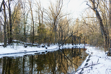 Relaxing scene in early winter, after the first snow, showing a river as a mirror reflecting the bare trees