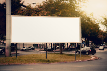 A huge rectangular white empty advertising billboard template on the beltway; a mock-up of a blank...