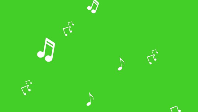 Animated white notes fly from bottom to top. Concept of music, song, melody. Green screen