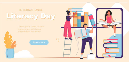 International Literacy Day banner template. People or students reading studying and preparing for examination with giant books. Book lovers, readers, modern literature fans vector illustration 