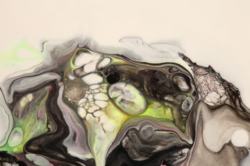 Obraz premium Art Abstract flow acrylic, ink and watercolor marble painting. Black and beige color wave texture blots background.