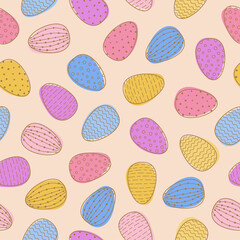 Seamless pattern with Easter decorated eggs. Line art colorful eggs on pink background.