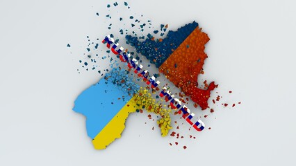 3d rendering, a map of Ukraine broken into parts by the text Russian World. Illustration of the consequences of Russia's war against Ukraine, the devastating consequences of the invasion.