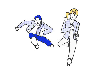 jハードルを超えるようにジャンプする若い男と女のビジネスマンのシンプルな線画のベクターイラスト