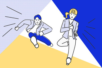 jハードルを超えるようにジャンプする若い男と女のビジネスマンのシンプルな線画のベクターイラスト