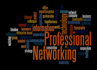 Word Cloud with PROFESSIONAL NETWORKING concept, isolated on a black background