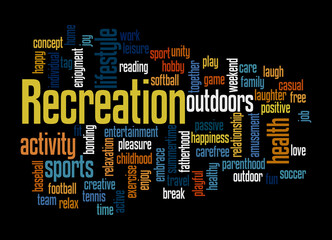 Word Cloud with RECREATION concept, isolated on a black background