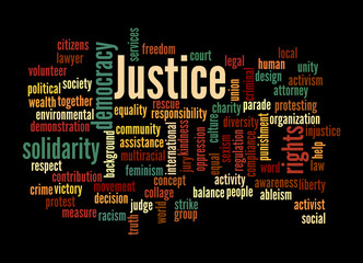 Word Cloud with JUSTICE concept, isolated on a black background