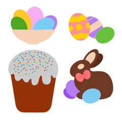 Easter set for holiday. Bowl with multicolored eggs easter eggs with ornament chocolate bunny Easter cake . Vector illustration. Easter attributes collection isolated on white background. Design