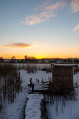  Morning forest . Landscapes of Ukraine . Morning time . Clouds  , winter on the lake ,  morning clouds and sky . Snowy morning , beautiful sunrise . 