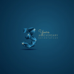 3 years anniversary logotype with blue low poly style. Vector Template Design Illustration.