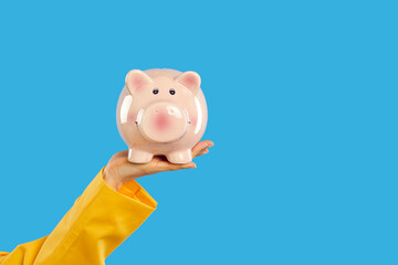 Woman holding piggy bank. Cropped shot of human hand holding cute pink piggybank on open palm against blue color text copy space studio background. Saving and investing money concept
