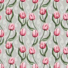 Watercolor pink tulips seamlesspattern. International women's day, spring card, print or background.