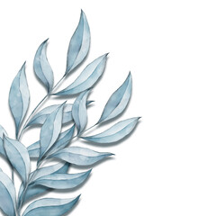 Blue watercolor branch with leaves isolated on white background