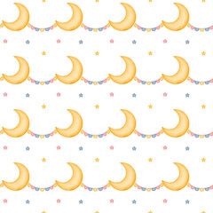 Watercolor colorful moon and stars, flag garland seamless pattern, childish background for textile, nursery. Pink, blue, yellow on white