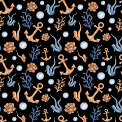 Seamless watercolor pattern with anchor, algae, coral and bubble. Childish cartoon underwater summer background