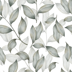 Fototapeta premium Seamless watercolor floral pattern, leaves and branches background for textile, packaging, wallpaper, greeting cards
