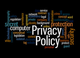 Word Cloud with PRIVACY POLICY concept, isolated on a black background