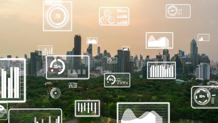 Business data analytic interface fly over smart city showing alteration future of business intelligence. Computer software and artificial intelligence are used to analyze big data for strategic plan .
