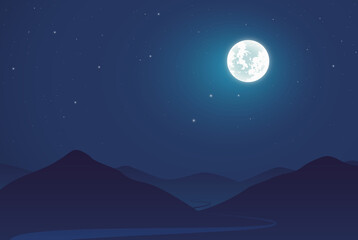 Fototapeta na wymiar Silhouette Mountains Night Sky Road. Way. Full Moon. Hills Illuminated by the light of the moon.