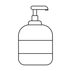 Jar with liquid antiseptic soap, foam for washing hands. Black and white icon. Illustration