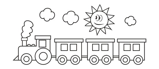 train and sad sun, coloring page, vector illustration,