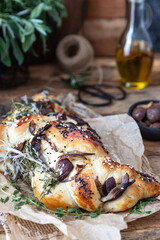 Homemade challah bread with chestnuts, onions and herbs