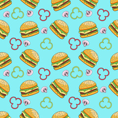 Burger, hamburger, cheeseburger, fast food, American food, junk food, vector seamless pattern, hand drawing
