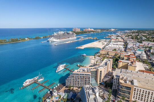 The drone panoramic view of downtown district of Nassau city and Paradise Island, Bahamas.