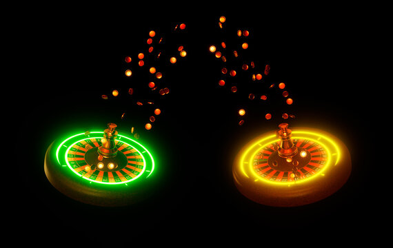 Realistic roulette wheel with neon orange green lights and flying gold coins on black background. Realistic casino roulette table. Gambling concept design. 3d rendering illustration.