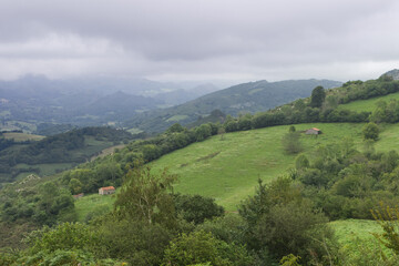 landscape of the north of Spain: fog, mountains, forest, meadows and shepherds' huts
