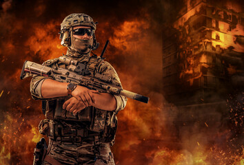 Fototapeta na wymiar Special force soldier holding rifle against burning city