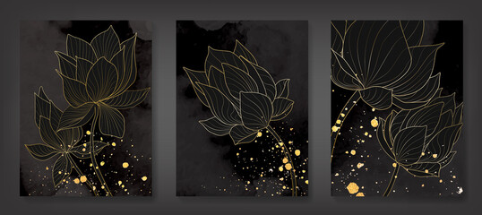 Luxury art background with golden lotus leaves in art line style. Cover design template, interior design, invitation, packaging - obrazy, fototapety, plakaty