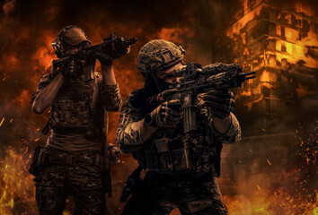 Two special force soldiers with rifles against burning city