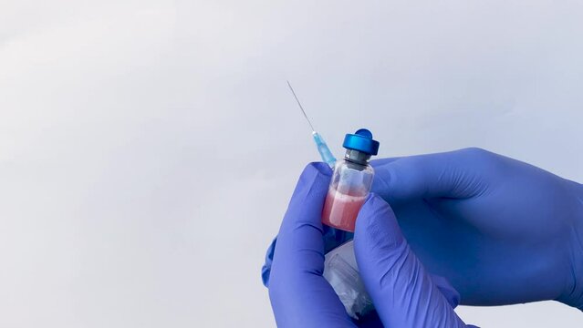 Vaccination of people or pets. Doctor in protective gloves is typing vaccine into syringe. Close-up. virologist scientist. Prevention and treatment influenza, virus pandemic, coronavirus. Copy space.