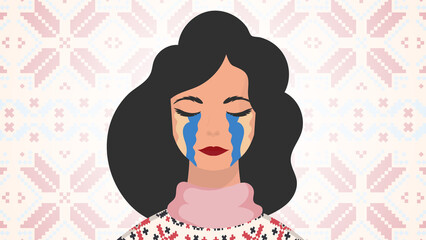 A woman cries in the colors of the Ukrainian flag. Pray for peace in Ukraine. Vector.