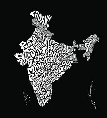 India map with all india states typography names art. India map art texture in english. Black and white india typography map illustration.