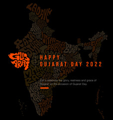 Happy Gujarat Day 2022 Greetings with gujarat map lettering. Indian states and glowing Gujarat map typography. - obrazy, fototapety, plakaty