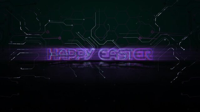 Happy Easter with computer chip and neon lights, motion abstract holidays, futuristic and cyberpunk style background