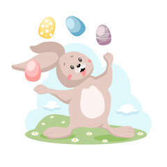 Cute Easter bunny is juggling Easter eggs. A fluffy hare on the lawn. Happy Easter. Vector illustration in cartoon style, isolated on a white background
