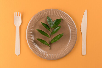 Eco-friendly tableware set. Kraft paper plate with wooden bamboo cutlery set on orange background and green leaves. Street food paper utensils. Ethical consumerism. Selective focus