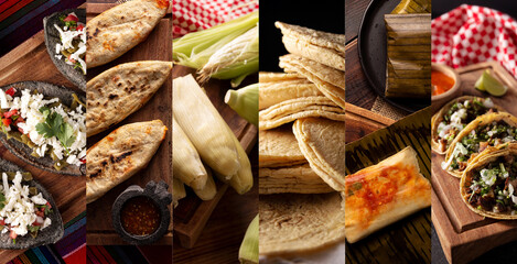Collage of different assortment of mexican street food made with corn. Tlacoyos, Tortillas,...