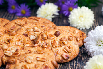 wheat-oatmeal cookies with peanuts, closeup