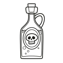 Alchemical ingredient in a bottle with a scull on the label outlined for coloring page on white background
