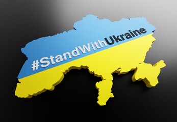 Hashtag stand with Ukraine text words on Ukraine map in national flag colors