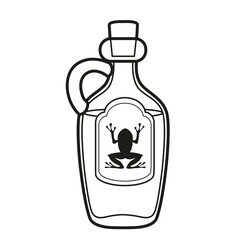 Alchemical ingredient in a bottle with a handle and a frog on the label outlined for coloring page on white background