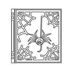 Magic book with web and spider on the cover outlined for coloring page on white background